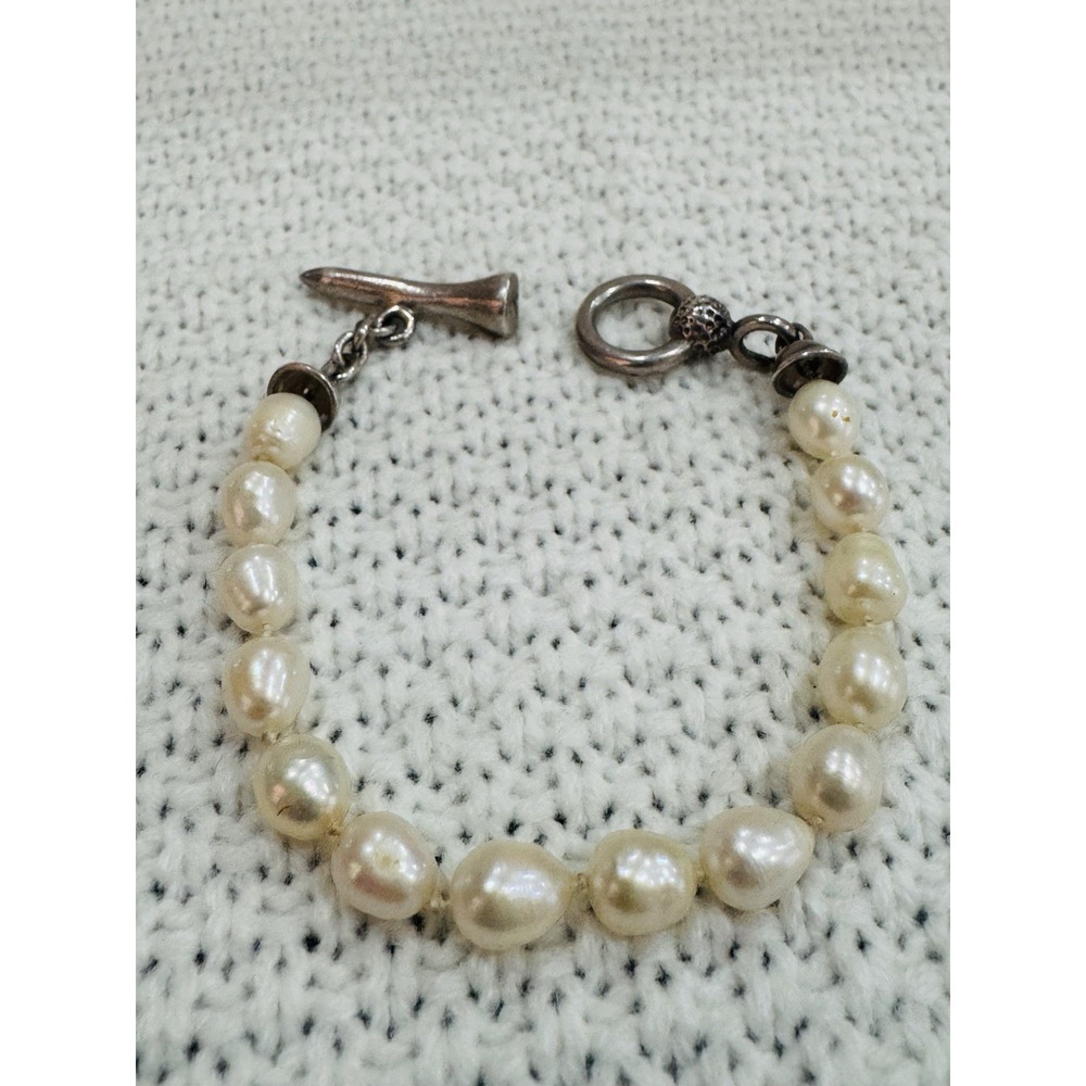 925 Sterling Silver Baroque Pearl Bracelet 8" Toggle Clasp Vintage Style